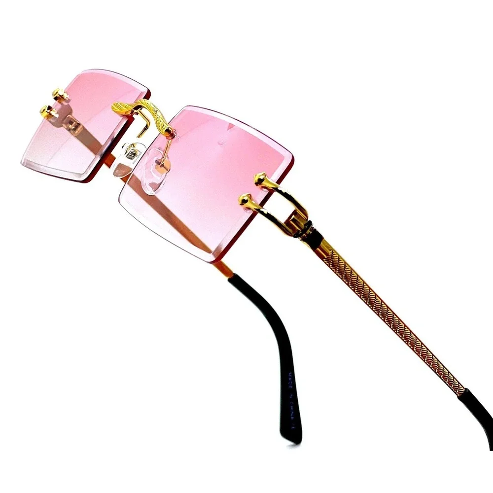 Rimless‎ Sunglasses Pink Lens Gold Frame Rectangle Fashion Shades Classic Retro